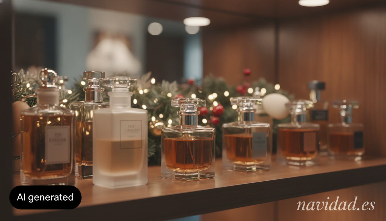 Varias colonias y perfumes expuestos en una perfumería decorada para Navidad