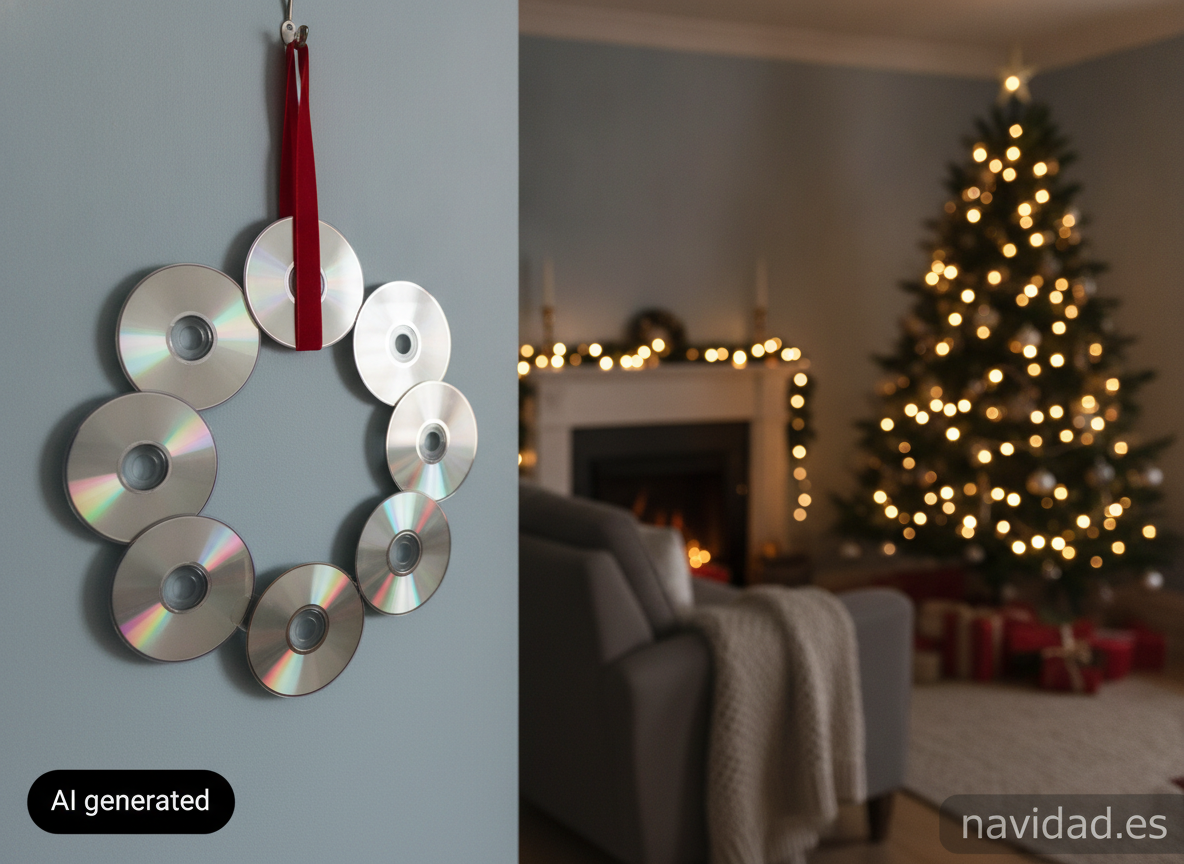 Corona navideña con CD reciclados: manualidad fácil paso a paso 2 Corona navideña de CD terminada colgada junto al árbol de Navidad