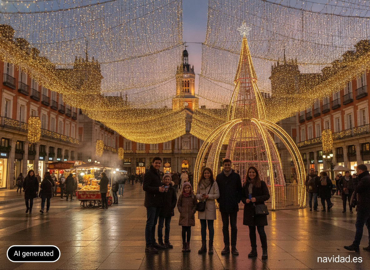 Árboles de Navidad en Madrid: dónde verlos y mejores rincones 1 Puerta del Sol decorada con luces de Navidad en Madrid