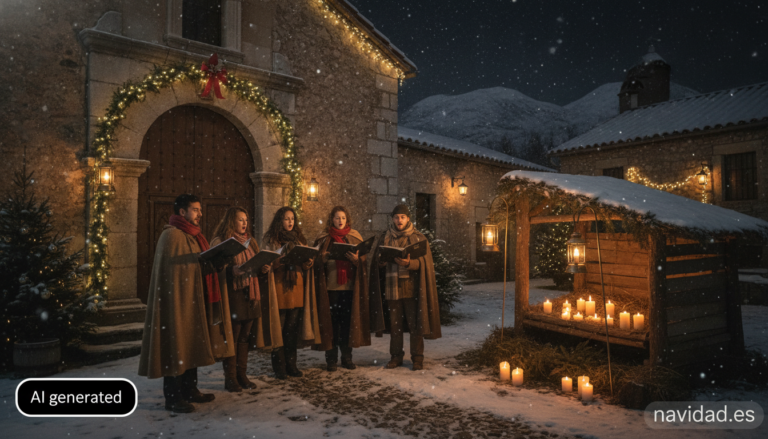 A warm, candlelit nativity choir scene at night: a small group of carolers singing outside a stone church in a snowy Spani...