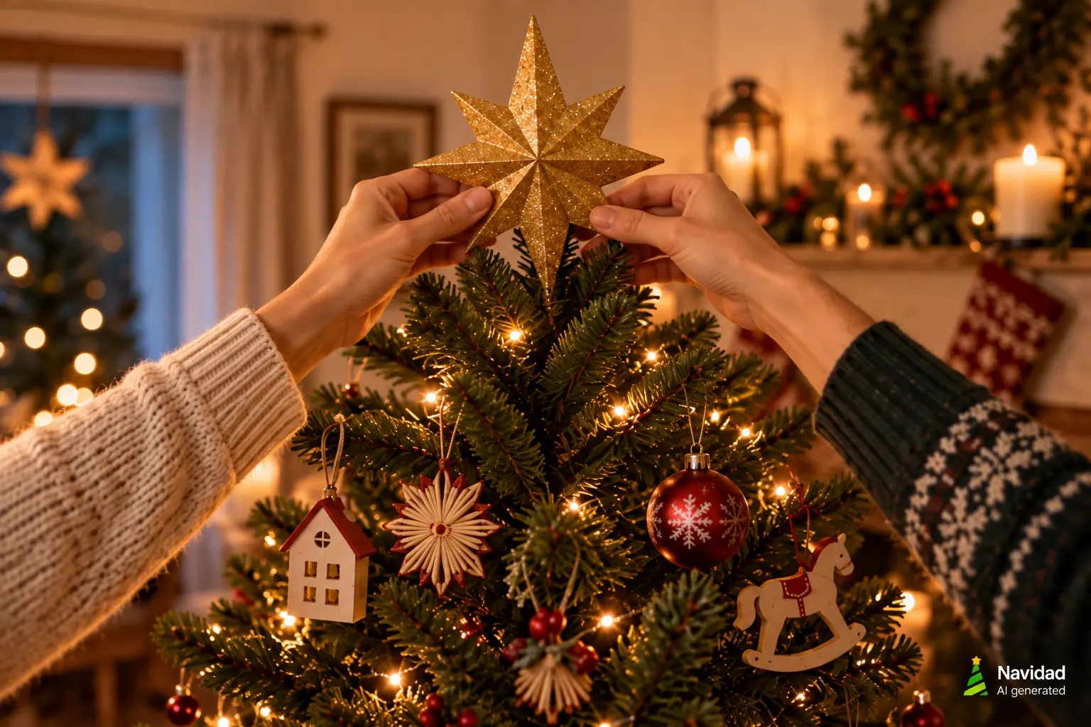 Manos colocando una estrella dorada en un árbol de Navidad decorado